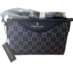 London Fog Black Gray Addison Tower Signature Print Crossbody Purse $78 NEW